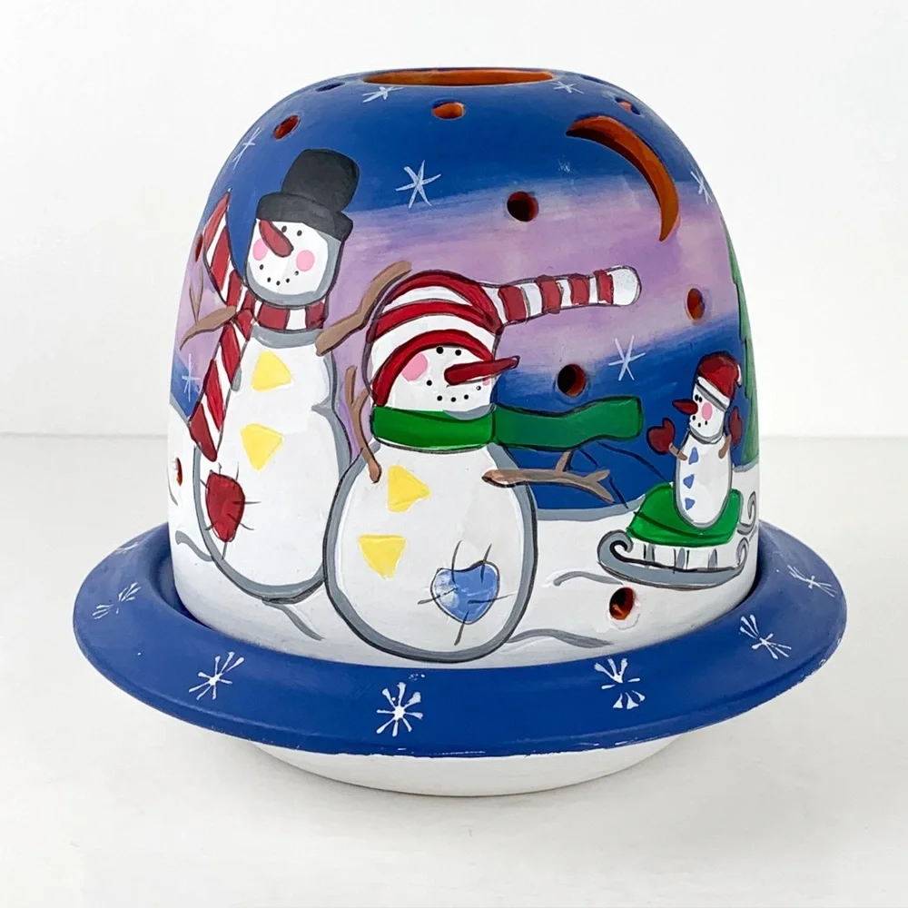 Vintage candle holder snowman Christmas ceramic dome tea light holder w/ cutouts